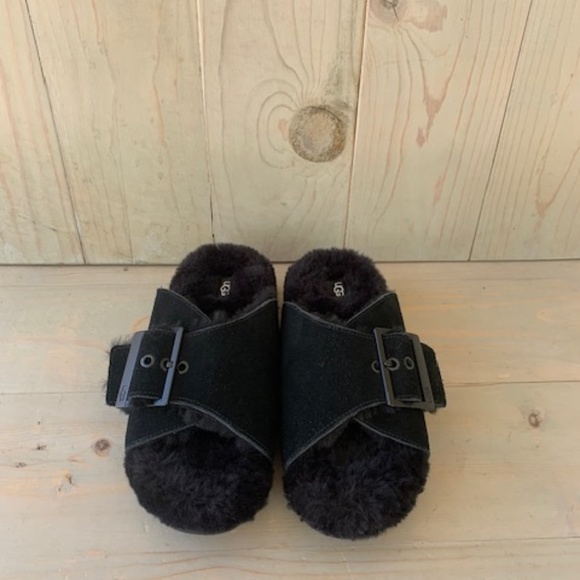 UGG OUTSLIDE BUCKLE BLACK FUR SANDALS SLIPPERS US 8 new - Picture 3 of 7